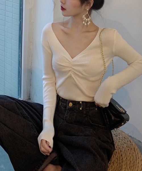 Jasmine Grandiflorum（ジャスミングランディフローラム）の「【Jasmine】Vネックギャザーニットトップス（ニット/セーター・レディース・グリーン/ライトグレー/ホワイト/ブラック/イエロー/ブラウン/ネイビー/ピンク/ベージュ・FREE）」の21枚目の写真