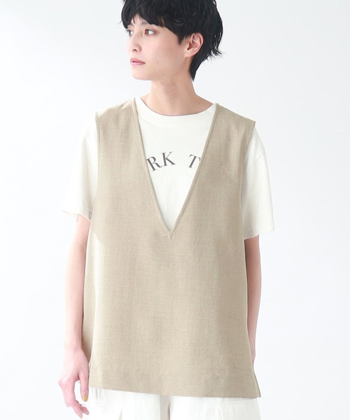 THE SHOP TK (ザ ショップ ティーケー )の「◆【洗える】麻調ヴィンテージライク深Vベスト(ベスト・レディース・ブラック/ベージュ・99)」の1枚目の写真
