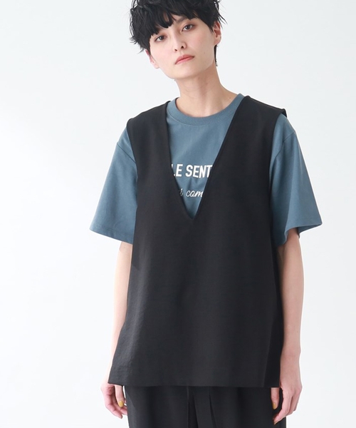 THE SHOP TK (ザ ショップ ティーケー )の「◆【洗える】麻調ヴィンテージライク深Vベスト(ベスト・レディース・ブラック/ベージュ・99)」の2枚目の写真