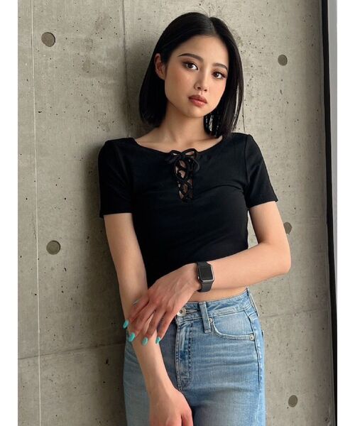 GYDA(ジェイダ)の「2WAYレースアップショートTシャツ(Tシャツ/カットソー・レディース・ブラック/オフホワイト・FREE)」の10枚目の写真