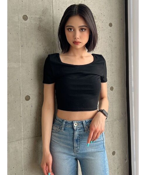 GYDA(ジェイダ)の「2WAYレースアップショートTシャツ(Tシャツ/カットソー・レディース・ブラック/オフホワイト・FREE)」の6枚目の写真