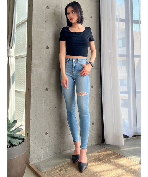 GYDA(ジェイダ)の「2WAYレースアップショートTシャツ(Tシャツ/カットソー・レディース・ブラック/オフホワイト・FREE)」の5枚目の写真