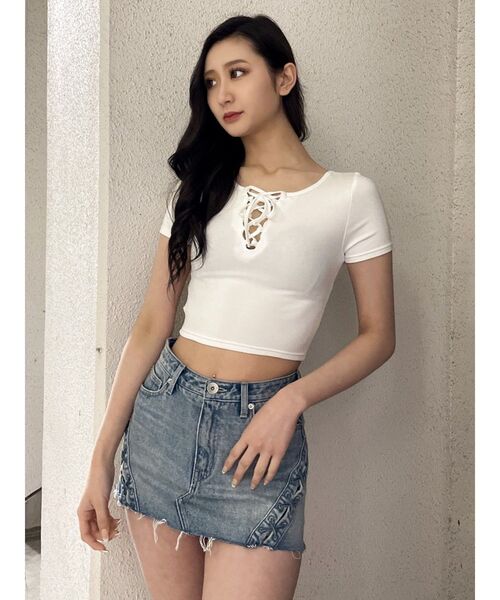 GYDA(ジェイダ)の「2WAYレースアップショートTシャツ(Tシャツ/カットソー・レディース・ブラック/オフホワイト・FREE)」の12枚目の写真