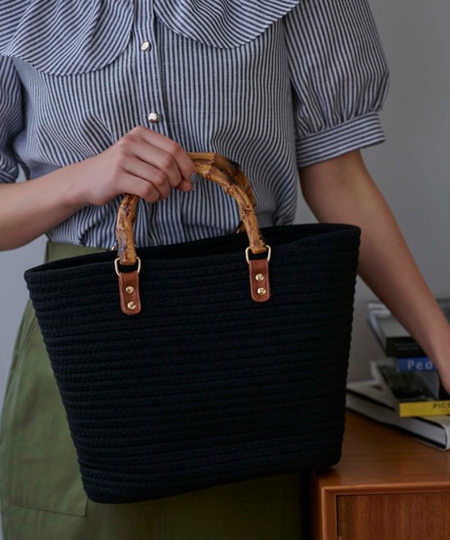 Edit Sheen（エディットシーン）の「バンブーハンドルコットンロープバッグ（かごバッグ・レディース・ブラック/ベージュ/オフホワイト・FREE）」の2枚目の写真