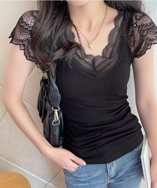 Achic(アシック)の「ノースリーブレースフリル透け感トップス(Tシャツ/カットソー・レディース・ベージュ/ホワイト/ブラック・M)」の15枚目の写真