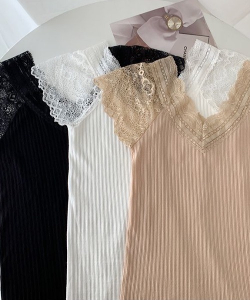 Achic(アシック)の「ノースリーブレースフリル透け感トップス(Tシャツ/カットソー・レディース・ベージュ/ホワイト/ブラック・M)」の4枚目の写真
