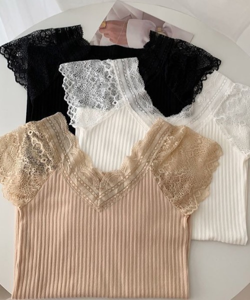 Achic(アシック)の「ノースリーブレースフリル透け感トップス(Tシャツ/カットソー・レディース・ベージュ/ホワイト/ブラック・M)」の6枚目の写真