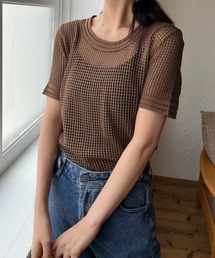 メッシュ透かし編み半袖プルオーバー