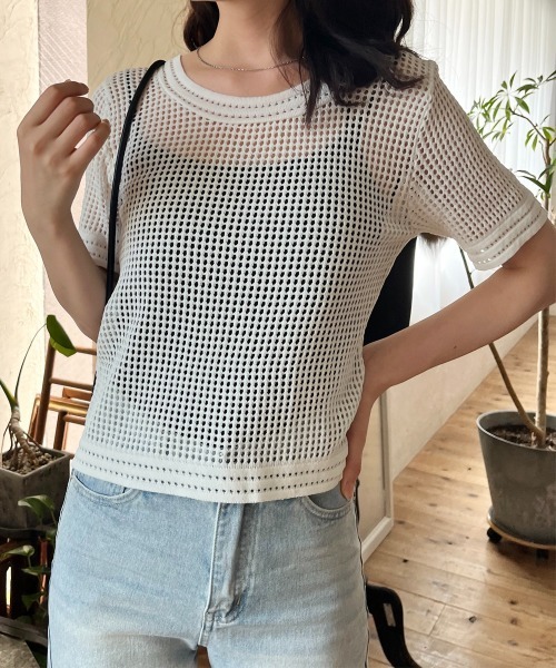 Rejoule(リジュール)の「メッシュ透かし編み半袖プルオーバー(Tシャツ/カットソー・レディース・ホワイト/ブラウン/ブラック・FREE)」の10枚目の写真