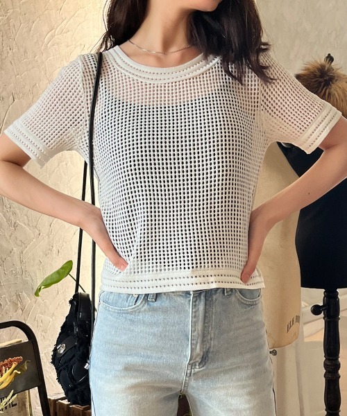 Rejoule(リジュール)の「メッシュ透かし編み半袖プルオーバー(Tシャツ/カットソー・レディース・ホワイト/ブラウン/ブラック・FREE)」の22枚目の写真