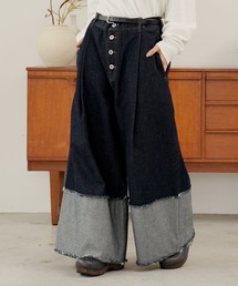 Aphlotus | ボタンフライ デニム裏使い ロールアップ フリンジ ワイドデニム(デニムパンツ)