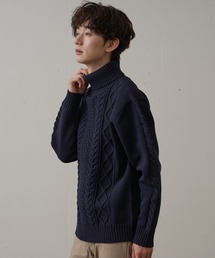 【BLUE STANDARD/ブルースタンダード】 軽量ウォッシャブルアランタートル アンチピリング アラン柄 タートルネックセーター イージーケア