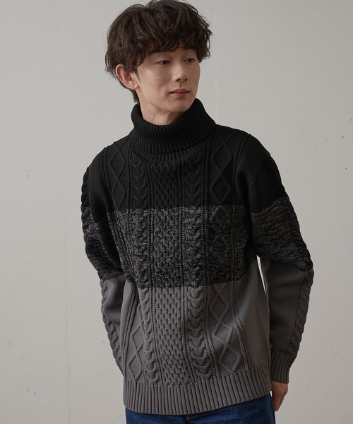 Blue Standard （ブルースタンダード）の「【BLUE STANDARD/ブルースタンダード】 軽量ウォッシャブルアランタートル アンチピリング アラン柄 タートルネックセーター イージーケア（ニット/セーター・メンズ・ネイビー/ブルーグレー/オフホワイト/ブラック/スミクロ/グレー・LARGE/X-LARGE/MEDIUM/SMALL）」の4枚目の写真