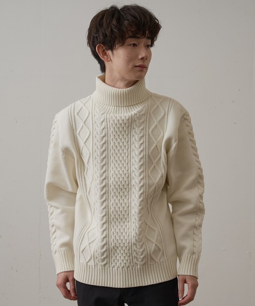 Blue Standard （ブルースタンダード）の「【BLUE STANDARD/ブルースタンダード】 軽量ウォッシャブルアランタートル アンチピリング アラン柄 タートルネックセーター イージーケア（ニット/セーター・メンズ・ネイビー/ブルーグレー/オフホワイト/ブラック/スミクロ/グレー・LARGE/X-LARGE/MEDIUM/SMALL）」の12枚目の写真