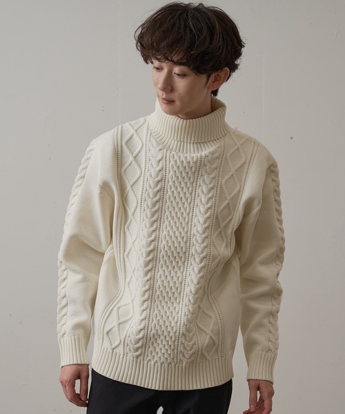 Blue Standard （ブルースタンダード）の「【BLUE STANDARD/ブルースタンダード】 軽量ウォッシャブルアランタートル アンチピリング アラン柄 タートルネックセーター イージーケア（ニット/セーター・メンズ・ネイビー/ブルーグレー/オフホワイト/ブラック/スミクロ/グレー・LARGE/X-LARGE/MEDIUM/SMALL）」の11枚目の写真