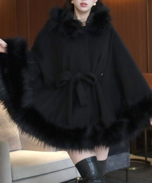 ロイヤルパーティー　黒ファーポンチョ ロイヤルパーティー ROYAL PARTY ファー付ポンチョ風コート