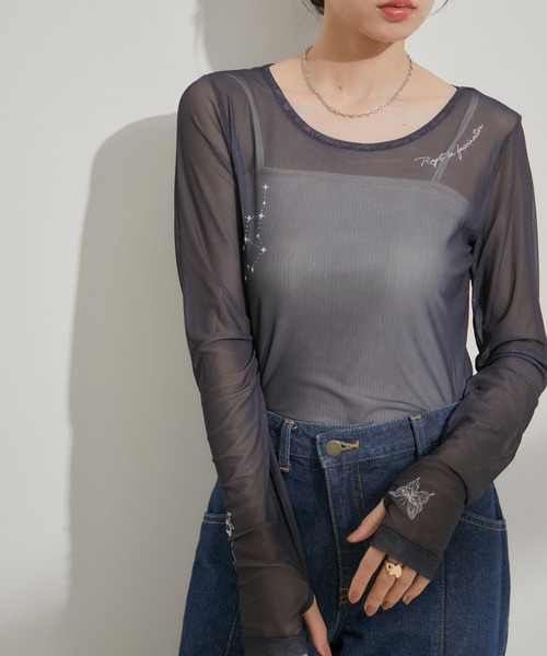 VIS(ビス)の「【洗える】シアータトゥートップス(Tシャツ/カットソー・レディース・グレー/ホワイト系その他5/スミクロ・FREE)」の2枚目の写真