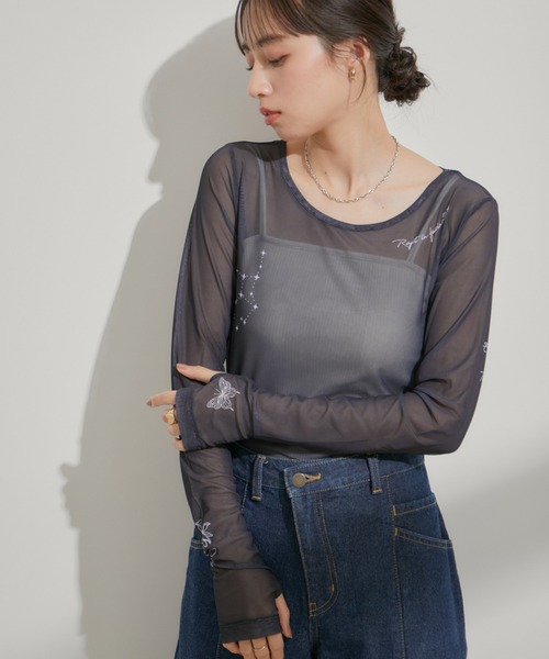 VIS(ビス)の「【洗える】シアータトゥートップス(Tシャツ/カットソー・レディース・グレー/ホワイト系その他5/スミクロ・FREE)」の5枚目の写真