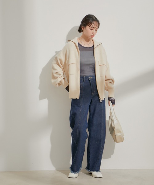 VIS(ビス)の「【洗える】シアータトゥートップス(Tシャツ/カットソー・レディース・グレー/ホワイト系その他5/スミクロ・FREE)」の6枚目の写真