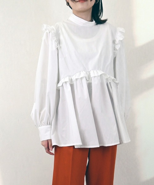 STYLEBLOCK(スタイルブロック)の「ブロードペプラムフリルブラウス(シャツ/ブラウス・レディース・ネイビー/ホワイト/ブラック・M)」の1枚目の写真