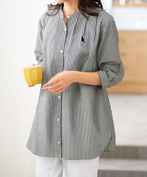 BELLUNA PLUS（ベルーナ）の「綿１００％刺しゅうデザインシャツ（シャツ/ブラウス・レディース・ストライプ/ピンク系/ベージュ系/グリーン系・LARGE/X-LARGE/MEDIUM）」の4枚目の写真