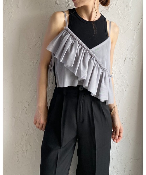 She's Closet（シーズクローゼット）の「ショート丈サイドリボン アシンメトリー ボリューム フリルチュール ビスチェ キャミソール（キャミソール・レディース・グレー/ブラック/アイボリー/ドット/チェック・FREE）」の21枚目の写真