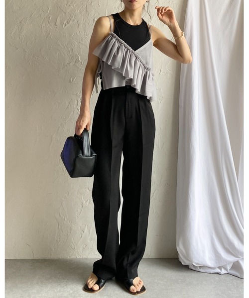 She's Closet（シーズクローゼット）の「ショート丈サイドリボン アシンメトリー ボリューム フリルチュール ビスチェ キャミソール（キャミソール・レディース・グレー/ブラック/アイボリー/ドット/チェック・FREE）」の22枚目の写真