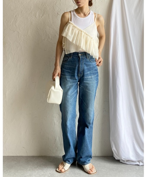 She's Closet（シーズクローゼット）の「ショート丈サイドリボン アシンメトリー ボリューム フリルチュール ビスチェ キャミソール（キャミソール・レディース・グレー/ブラック/アイボリー/ドット/チェック・FREE）」の15枚目の写真