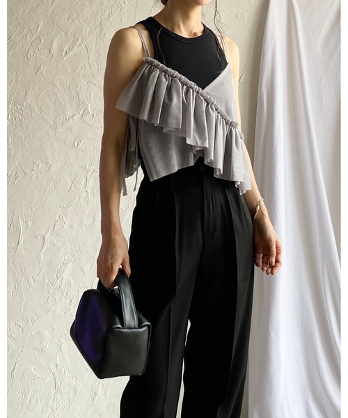 She's Closet（シーズクローゼット）の「ショート丈サイドリボン アシンメトリー ボリューム フリルチュール ビスチェ キャミソール（キャミソール・レディース・グレー/ブラック/アイボリー/ドット/チェック・FREE）」の20枚目の写真