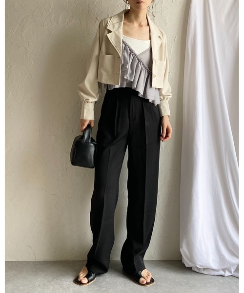 She's Closet（シーズクローゼット）の「ショート丈サイドリボン アシンメトリー ボリューム フリルチュール ビスチェ キャミソール（キャミソール・レディース・グレー/ブラック/アイボリー/ドット/チェック・FREE）」の14枚目の写真