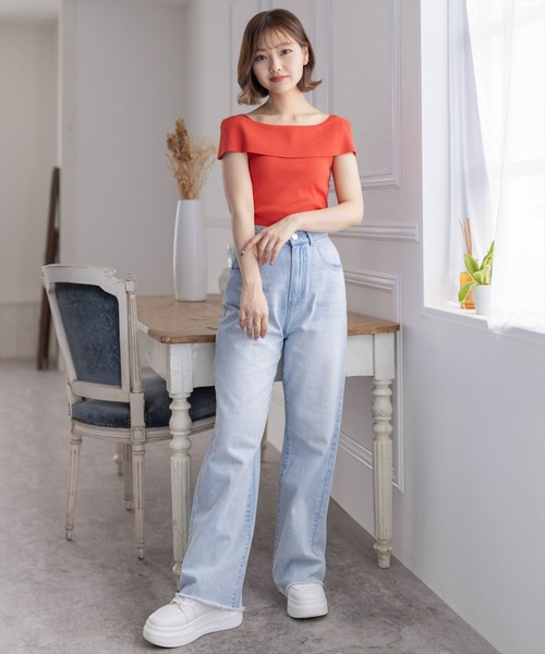 clear（クリア）の「オフショルデザインニットトップス［着回し抜群 大人 カジュアル］≪再入荷≫（ニット/セーター・レディース・ブラック/オフホワイト/ターコイズブルー/オレンジ/ホワイト×レッド/ホワイト×ブラック・F）」の22枚目の写真