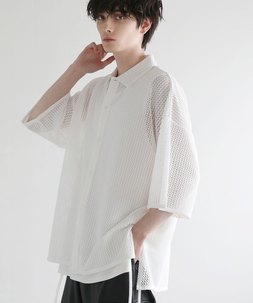 LILL(リル)の「ルーズシルエットサイドコードシアーハーフスリーブシャツ(シャツ/ブラウス・メンズ・ブラック/ホワイト/グリーン/ブルー・S/M/L/XL)」の5枚目の写真