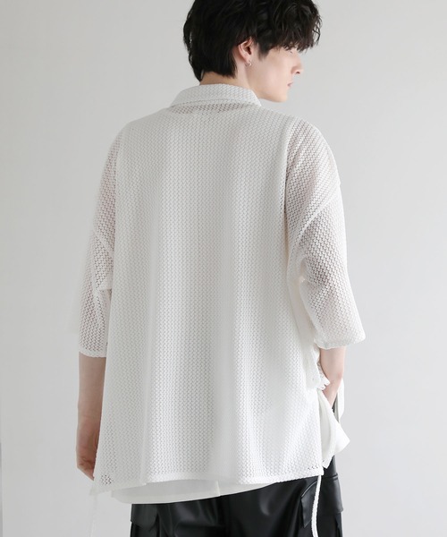 LILL(リル)の「ルーズシルエットサイドコードシアーハーフスリーブシャツ(シャツ/ブラウス・メンズ・ブラック/ホワイト/グリーン/ブルー・S/M/L/XL)」の10枚目の写真