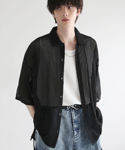 LILL(リル)の「ルーズシルエットサイドコードシアーハーフスリーブシャツ(シャツ/ブラウス・メンズ・ブラック/ホワイト/グリーン/ブルー・S/M/L/XL)」の20枚目の写真