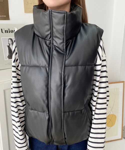 セール】フェイクソフトレザースタンドカラーファイバーダウンベスト