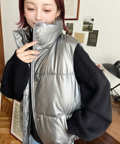 ABC5/16 グレー2XL MICHINNYON ベスト&アウター セール】フェイクソフトレザースタンドカラーファイバーダウンベスト