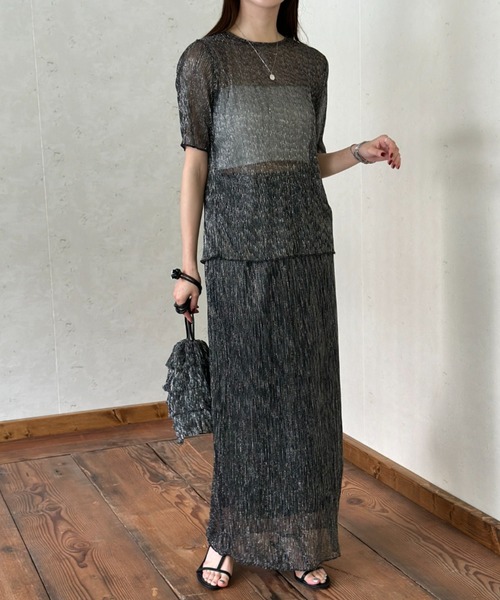 Per sist ence(パーシエンス)の「ラメチュールナローシアープリーツスカート(スカート・レディース・ネイビー/ブラック/シルバー・FREE)」の7枚目の写真