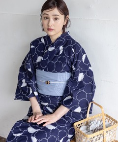kastane ヴィンテージアート滝流れ浴衣＆帯SET 浴衣 ネイビー セール】【全4色】ヴィンテージアート滝流れ浴衣＆帯SET（浴衣
