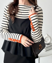 GeeRA（ジーラ）の「秋にぴったり！袖口ボタン配色ボートネックリブカラー＆ボーダーニット（ニット/セーター）」