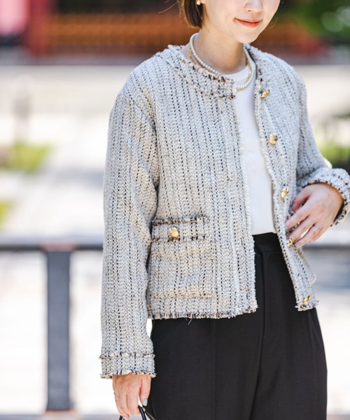 F by ROSSO(エフバイロッソ)の「F by ROSSO ミックスツイードノーカラージャケット(ノーカラージャケット・レディース・ブラック/オフホワイト・FREE)」の3枚目の写真