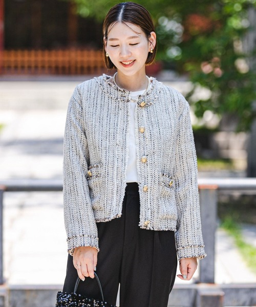 極美品✨FOXEY　ミックスツイードノーカラージャケット　ビジューボタン　38 極美品✨FOXEY ミックスツイードノーカラージャケット ビジューボタン