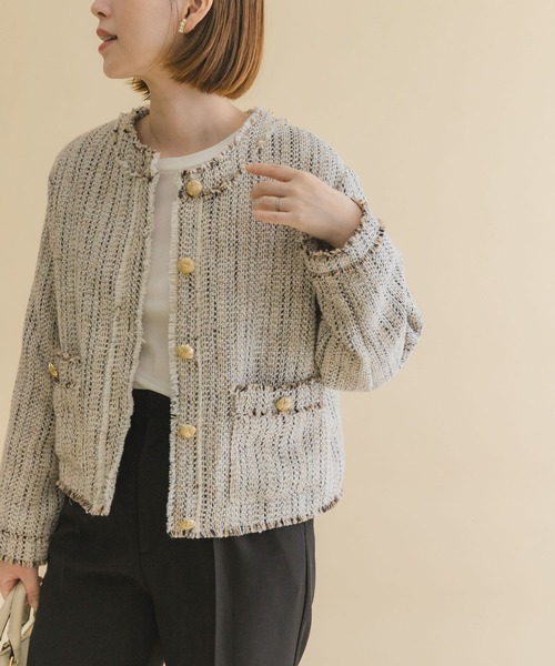 F by ROSSO(エフバイロッソ)の「F by ROSSO ミックスツイードノーカラージャケット(ノーカラージャケット・レディース・ブラック/オフホワイト・FREE)」の10枚目の写真