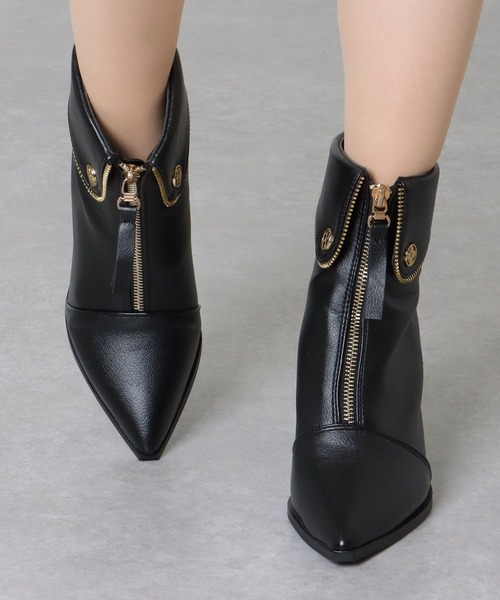 レディースブーツ セール】フロント ファスナー ハイヒール ショート ブーツ（ブーツ