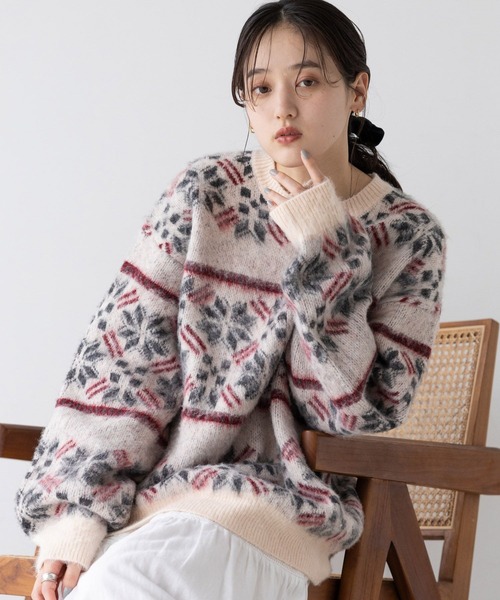 RAGEBLUE（レイジブルー）の「ノルディック柄/シャギールーズニット（ニット/セーター・レディース・グレー/オフホワイト/ライトベージュ・FREE）」の2枚目の写真