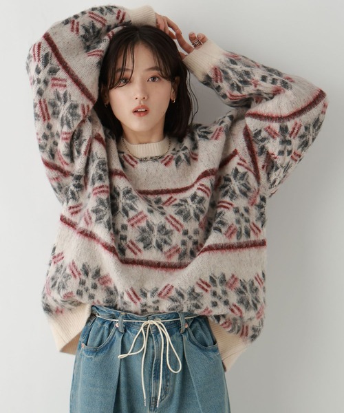 RAGEBLUE（レイジブルー）の「ノルディック柄/シャギールーズニット（ニット/セーター・レディース・グレー/オフホワイト/ライトベージュ・FREE）」の7枚目の写真