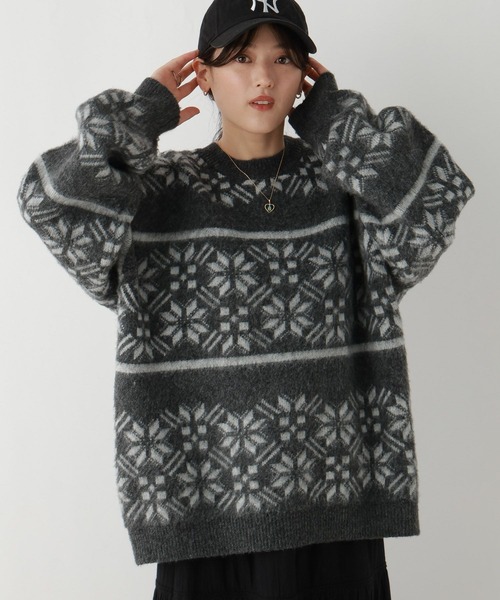 RAGEBLUE（レイジブルー）の「ノルディック柄/シャギールーズニット（ニット/セーター・レディース・グレー/オフホワイト/ライトベージュ・FREE）」の16枚目の写真