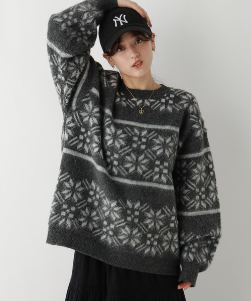 RAGEBLUE（レイジブルー）の「ノルディック柄/シャギールーズニット（ニット/セーター・レディース・グレー/オフホワイト/ライトベージュ・FREE）」の17枚目の写真
