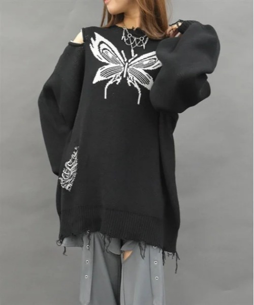axes femme POETIQUE(アクシーズファムポエティック)の「バタフライダメージニットプルオーバー(ニット/セーター・レディース・パープル/グレー/ブラック・MEDIUM)」の2枚目の写真