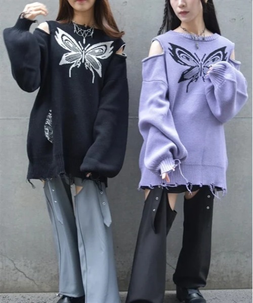 axes femme POETIQUE(アクシーズファムポエティック)の「バタフライダメージニットプルオーバー(ニット/セーター・レディース・パープル/グレー/ブラック・MEDIUM)」の4枚目の写真