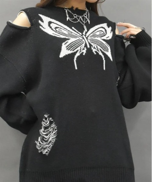 axes femme POETIQUE(アクシーズファムポエティック)の「バタフライダメージニットプルオーバー(ニット/セーター・レディース・パープル/グレー/ブラック・MEDIUM)」の12枚目の写真